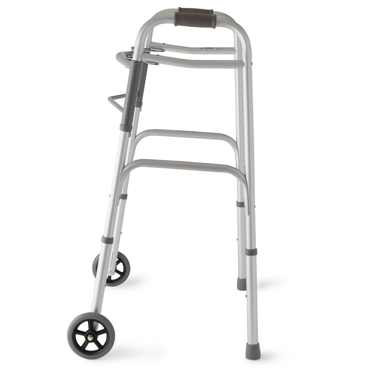 Aluminum 2-button folding walker with 5-inch wheels, height-adjustable legs, and lightweight frame.