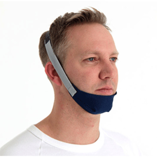 Adjustable CPAP/BiPAP chin strap for sleep apnea therapy, shown in black universal design.