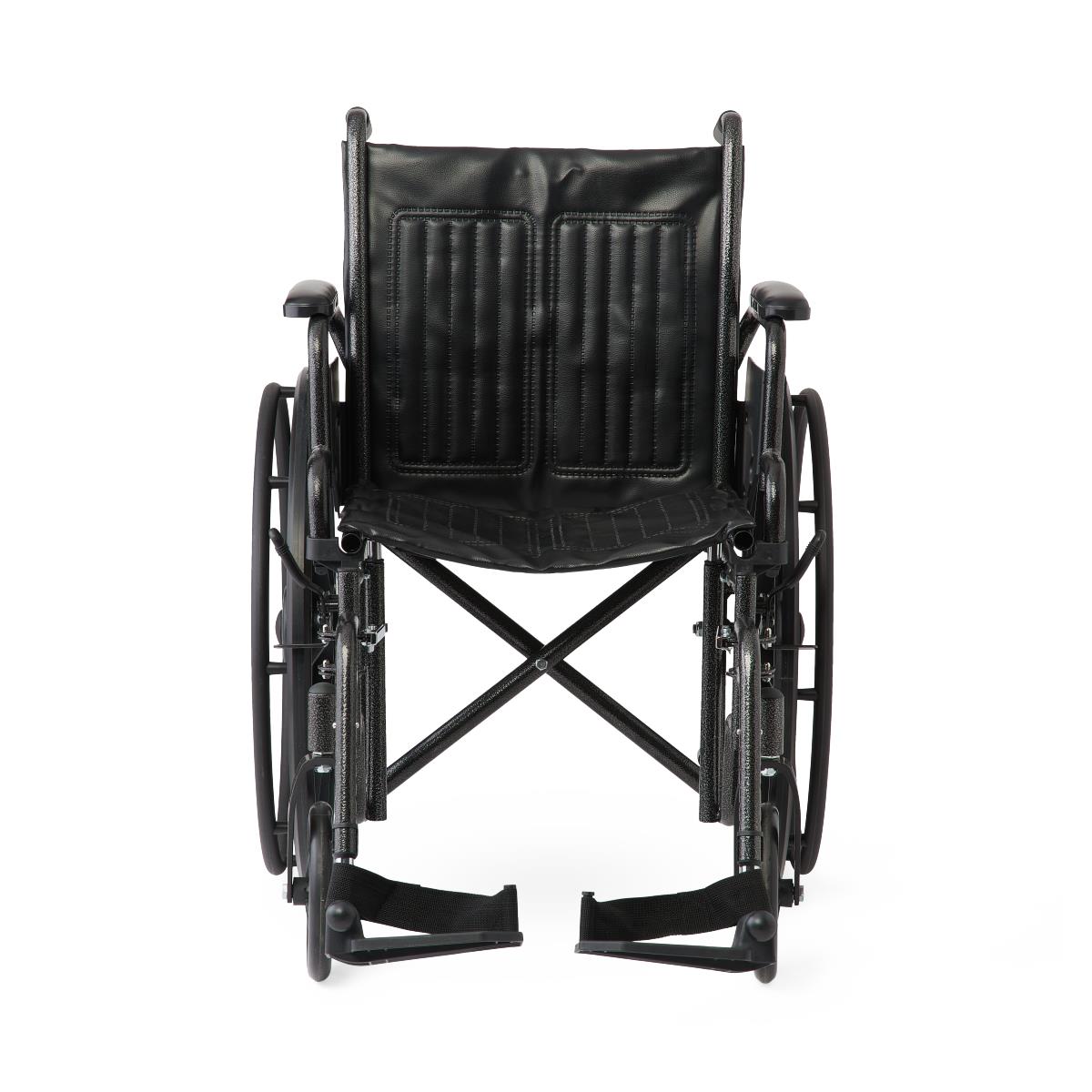 Front view of the Drive Medical K1 Basic Wheelchair with 18-inch seat, swing-back desk-length arms, and swing-away footrests