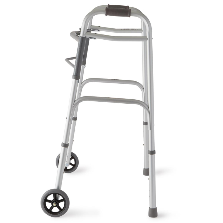 Aluminum 2-button folding walker with 5-inch wheels, height-adjustable legs, and lightweight frame.