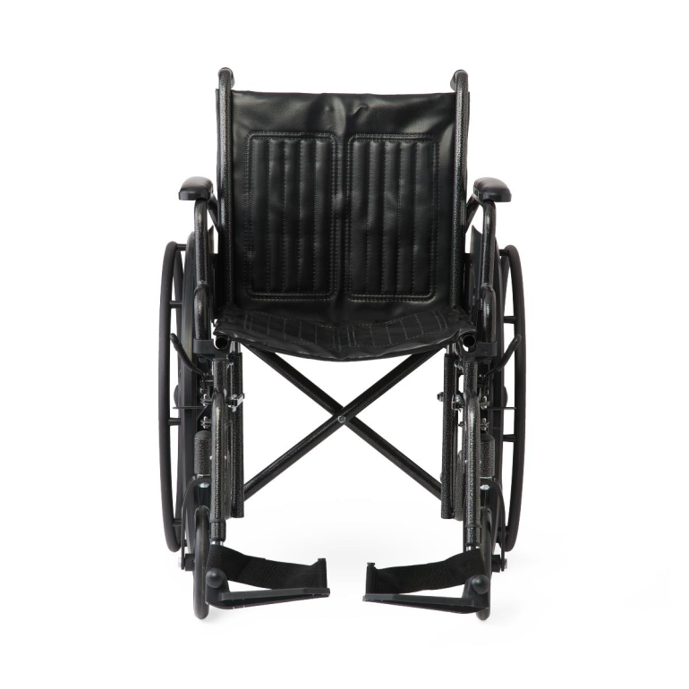 Front view of the Drive Medical K1 Basic Wheelchair with 18-inch seat, swing-back desk-length arms, and swing-away footrests