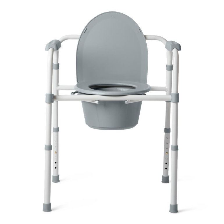 Steel 3-in-1 folding commode with seat, lid, bucket, armrests, and splash guard. Portable bedside commode or raised toilet safety frame.