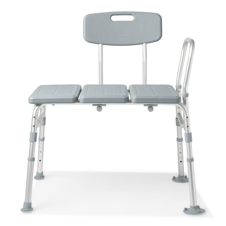 Gray Medline transfer bench with backrest and adjustable legs, used for safe bathtub and shower transfers for seniors and patients.