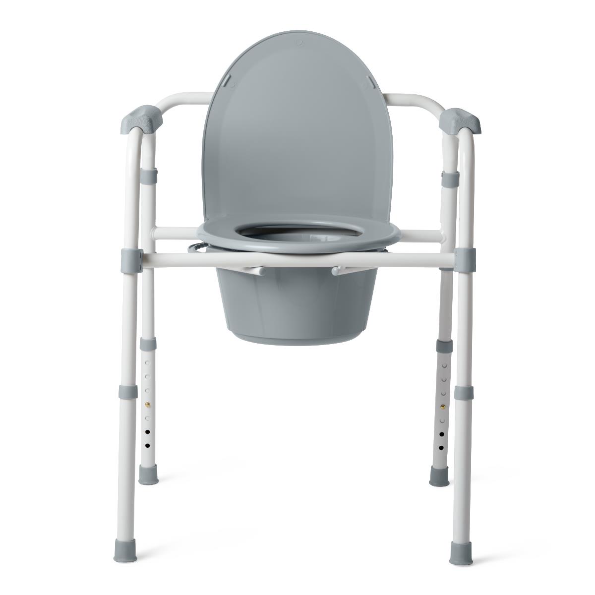 Steel 3-in-1 folding commode with seat, lid, bucket, armrests, and splash guard. Portable bedside commode or raised toilet safety frame.