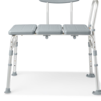 Gray Medline transfer bench with backrest and adjustable legs, used for safe bathtub and shower transfers for seniors and patients. thumbnail