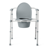 Steel 3-in-1 folding commode with seat, lid, bucket, armrests, and splash guard. Portable bedside commode or raised toilet safety frame. thumbnail