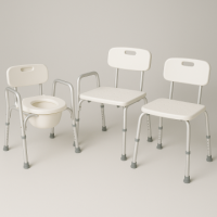 Bathroom safety equipment including a 3-in-1 commode, a stationary tub transfer bench, and a shower chair with back on a neutral background.