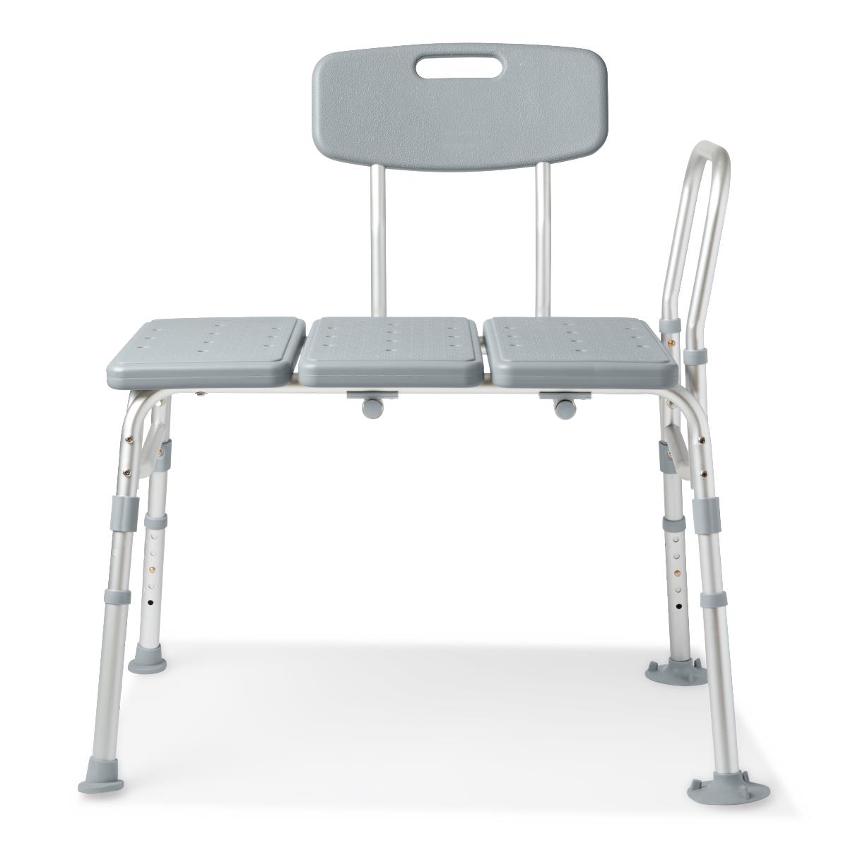 Transfer Bench with Backrest – Bathroom Safety Seat Gray Medline transfer bench with backrest and adjustable legs, used for safe bathtub and shower transfers for seniors and patients.